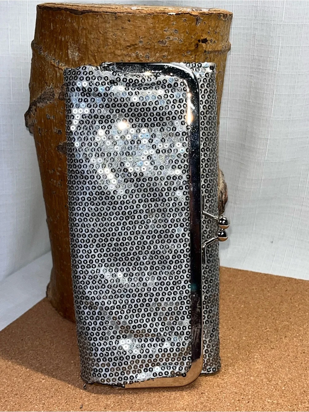 Metallic Silver Sequin Clutch Wallet Kiss Lock Frame Checkbook Organizer Evening